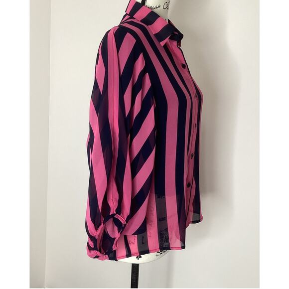 Vintage Sans Souci Sheer Stripe Blouse Button Front Batwing Dolman Sleeves Small - Picture 3 of 13